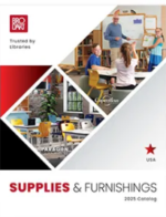 Brodart Furnishings Catalog: A well-organized library featuring modern wood shelving and ergonomic study tables from a professional catalog.