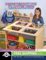 A collection of colorful educational manipulatives and wooden building blocks from the Constructive Playthings Catalog arranged in a modern classroom.