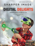 Sharper Image Catalog: A collection of high-tech home gadgets and wellness products displayed in a modern living room setting.